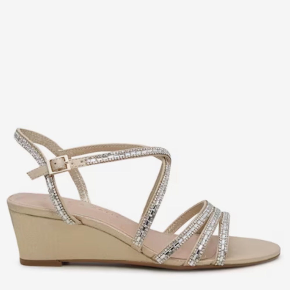 Kelly & Katie Beige Wedge Sandals with Silver Rhinestone Straps